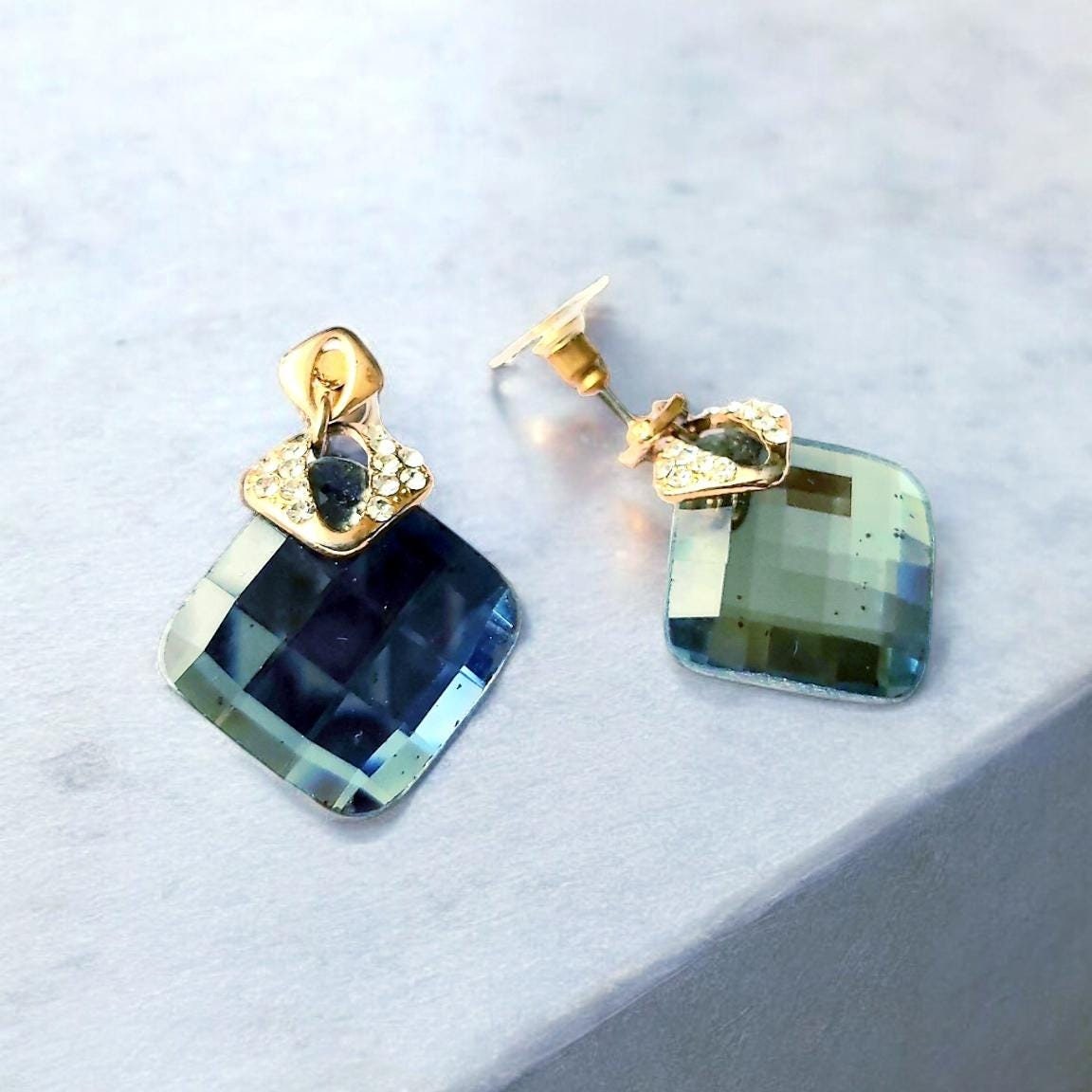 Blue Swarovski Crystal & Diamond Imitation 14K Gold-Plated Vintage Stud Earrings 2000s,