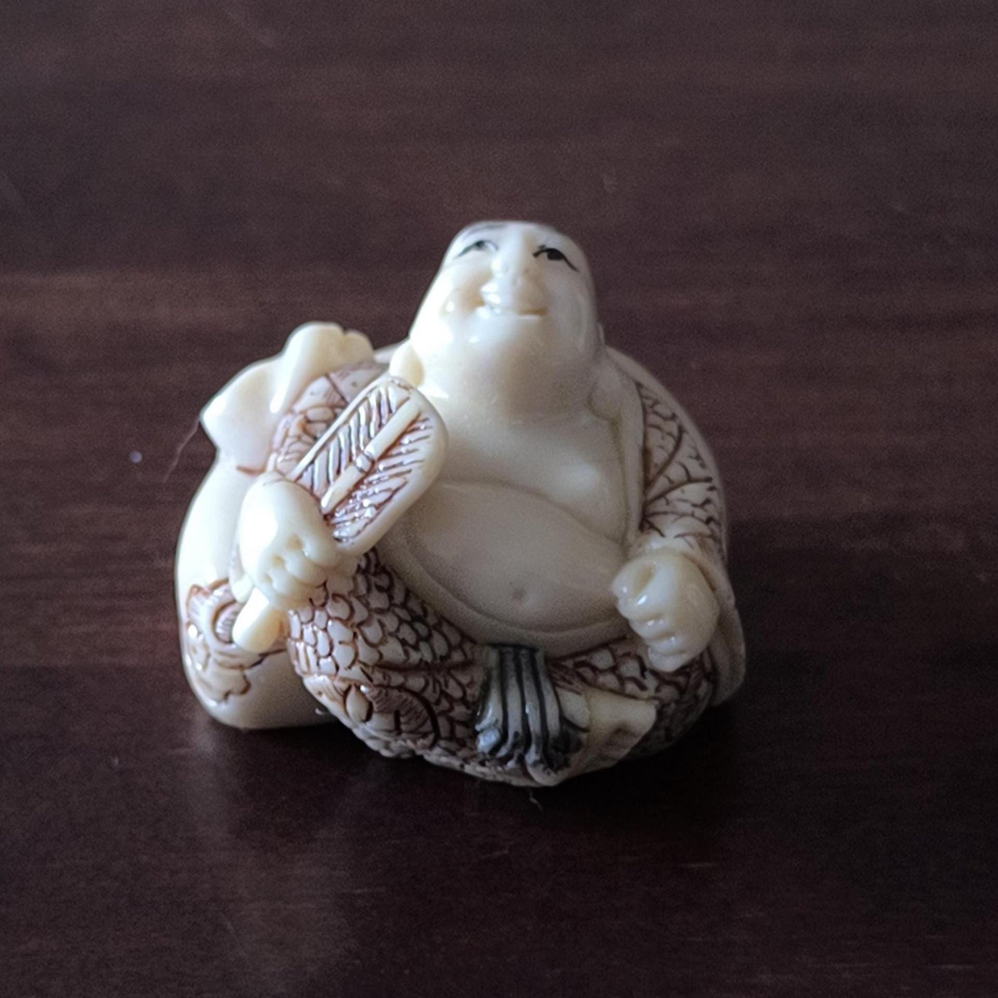 Japanese Resin Netsuke Happy Buddha Figurine Hand Painted, Carved 1970s