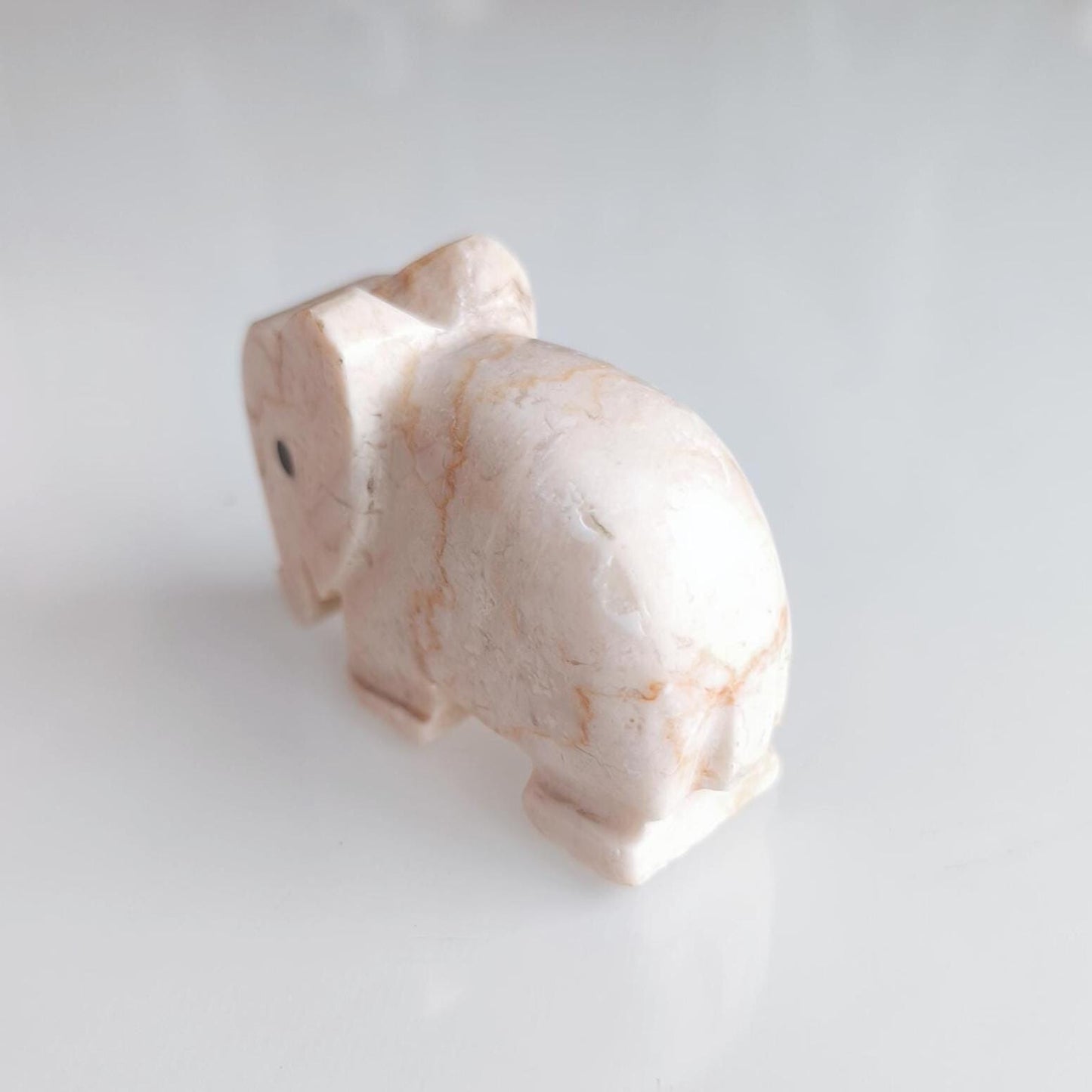 Small White Stone Elephant Statue with Black Eyes, Handmade 2000s