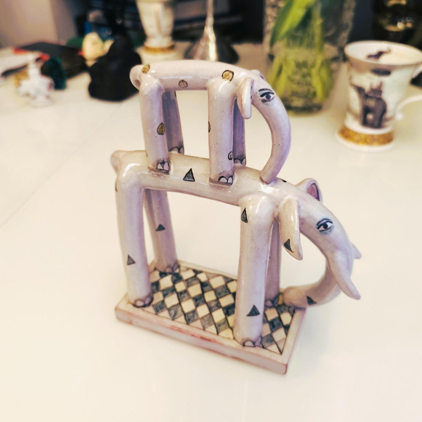 Two Stacked Ceramic Gray Elephants With Ornaments On Base 1970