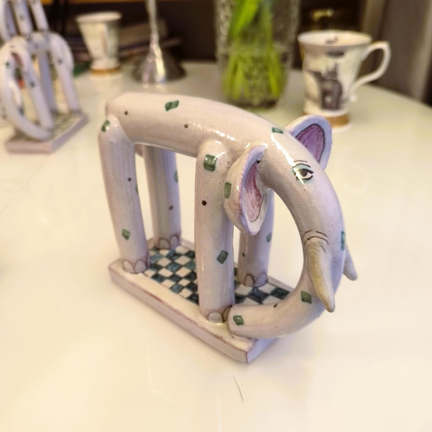 Ceramic Gray Elephants With Ornaments On Base 1970