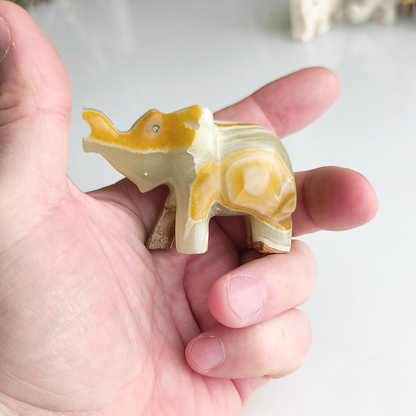 Handmade Small Striped Onyx Elephant Statue with Raised Trunk, 1990s