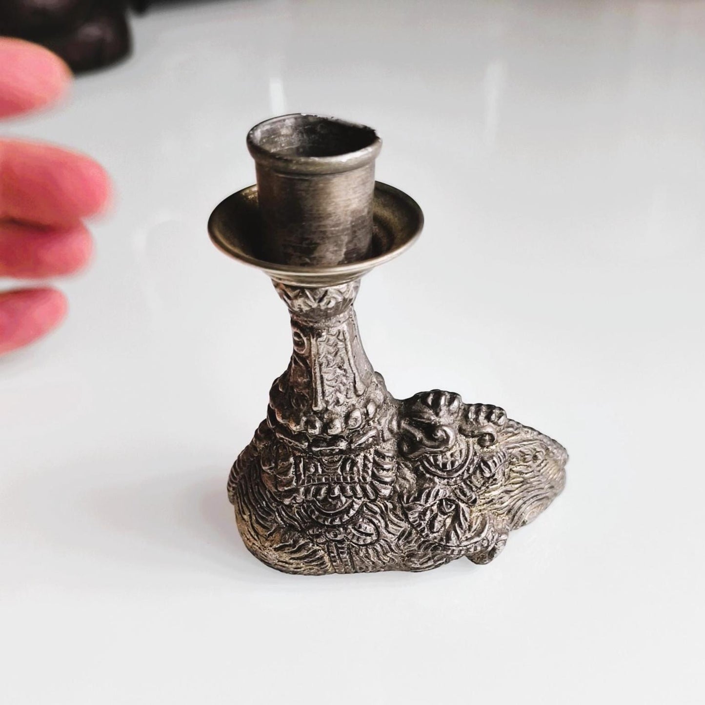 Silver Tone Elephant figurine Candle Holder, Handmade Pewter candlestick 1970s