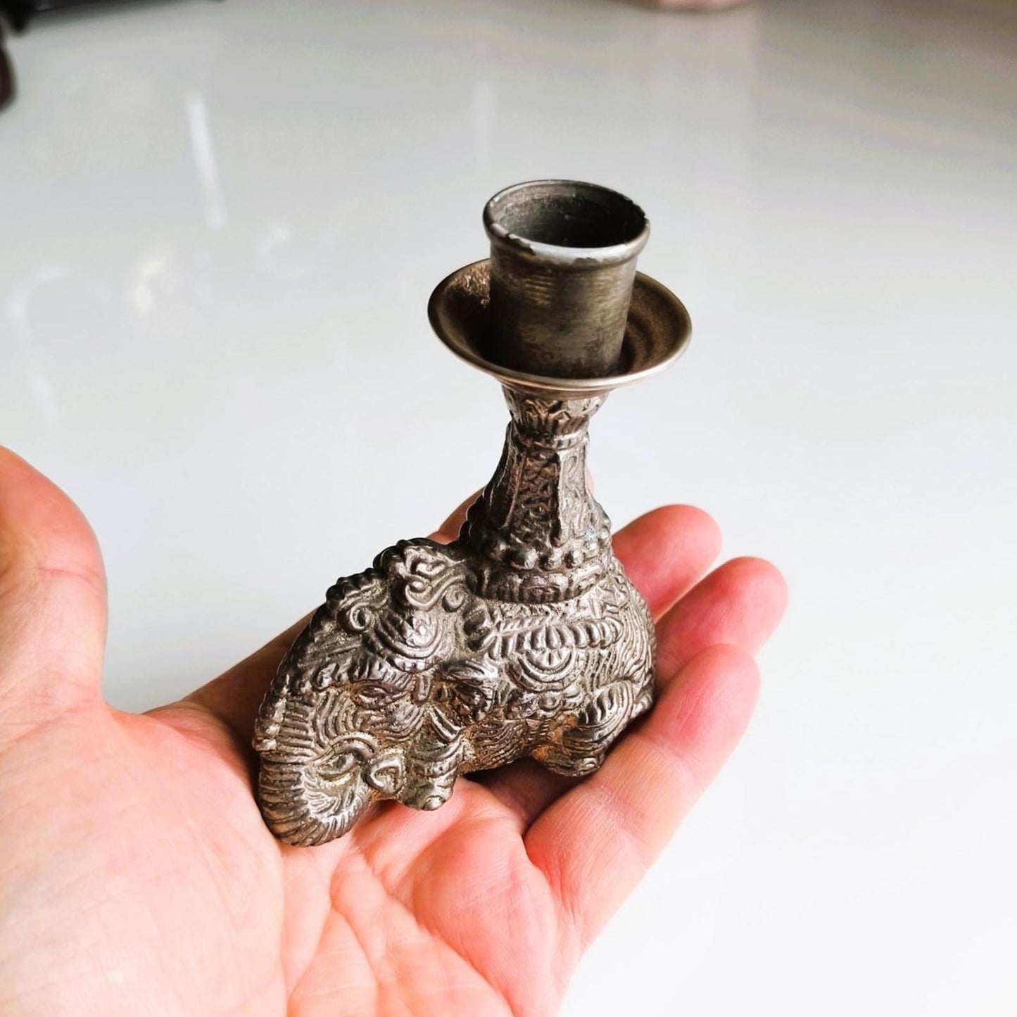 Silver Tone Elephant figurine Candle Holder, Handmade Pewter candlestick 1970s