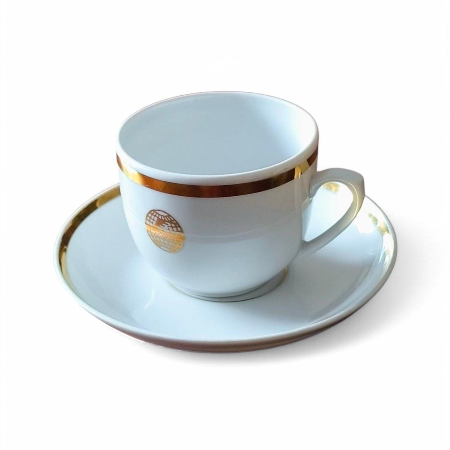 Vintage Dulevo Porcelain Cup & Saucer, Intourist USSR, Gold Trim, 1990s