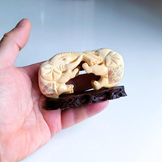 White Stone Two Elephants Sculpture On A Wooden Base, Handmade from 1960s