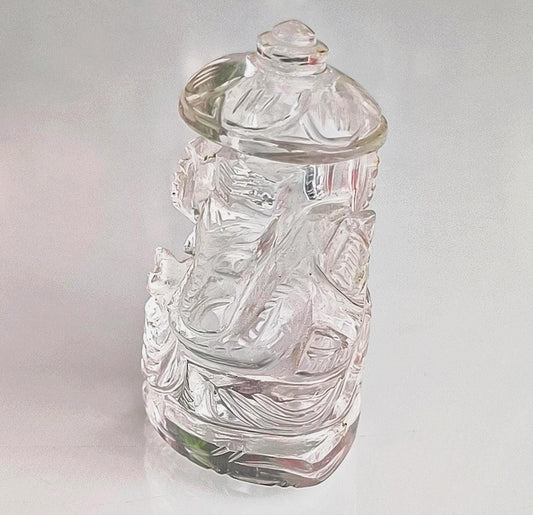 Small Clear Glass Crystal Seated Ganesha Statue, Khmer Ganapati, Hindu Elephant God, 1980s
