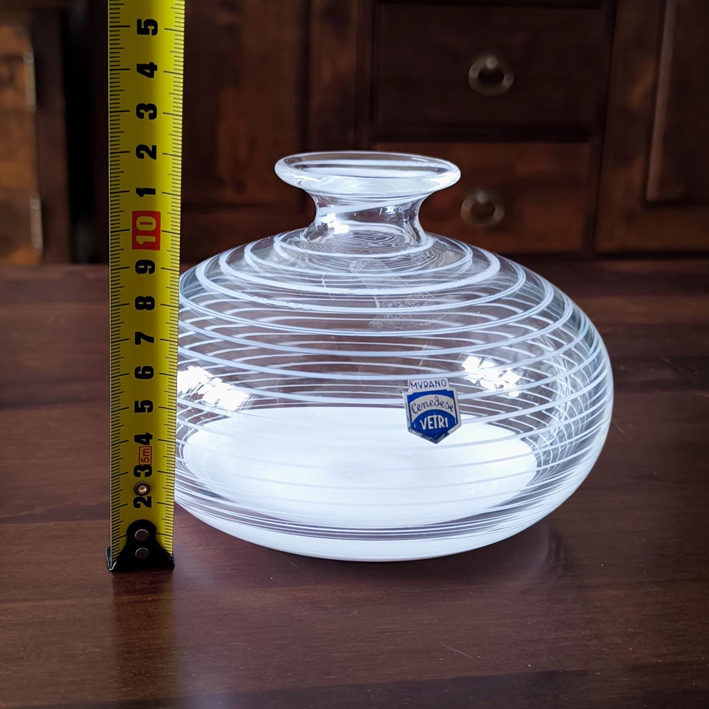 Murano Glass Round and Striped Vase 1980, Original Handmade Clear Crystal