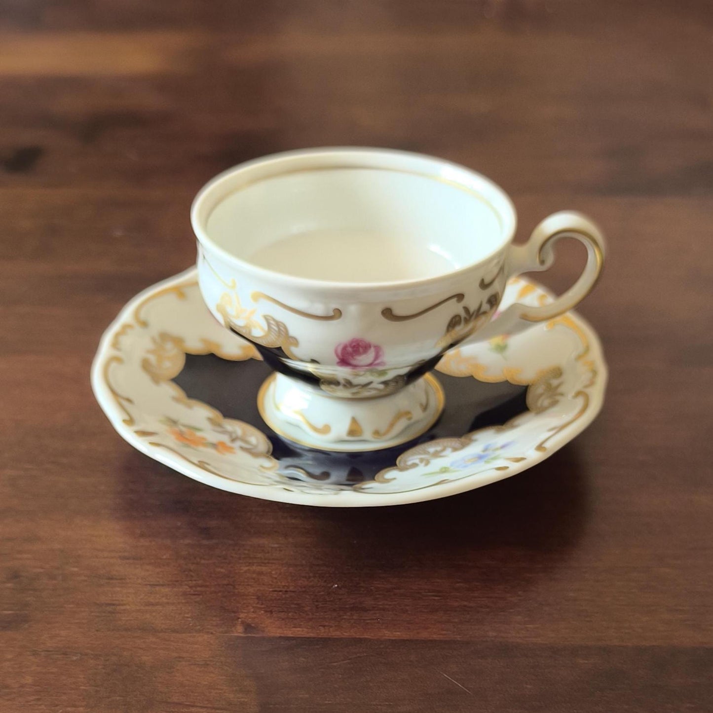 Weimar Porcelain Mocha Collector's Cup & Saucer – Hand Painted, Cobalt Blue, Gold Trim, 1970s