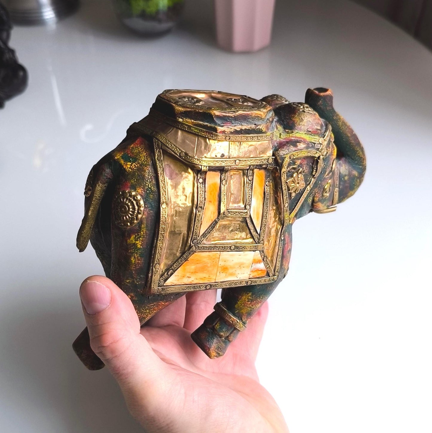 Handmade Wooden Elephant with Metal and Stone Inlay, Trunk Up 1970