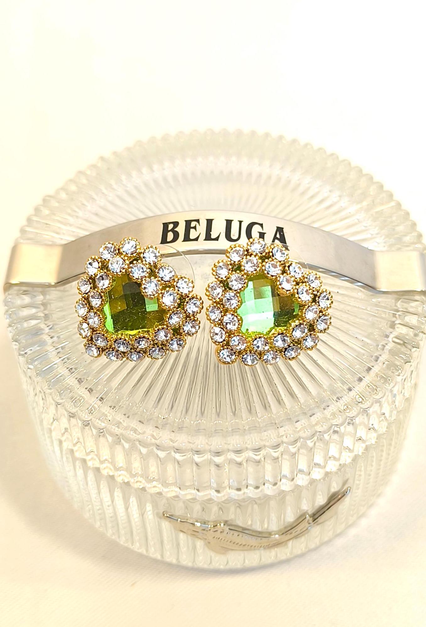 Vintage 2000s 14K Gold-Plated Stud Earrings with Green Heart-Shaped Swarovski Drop & Diamond Accents