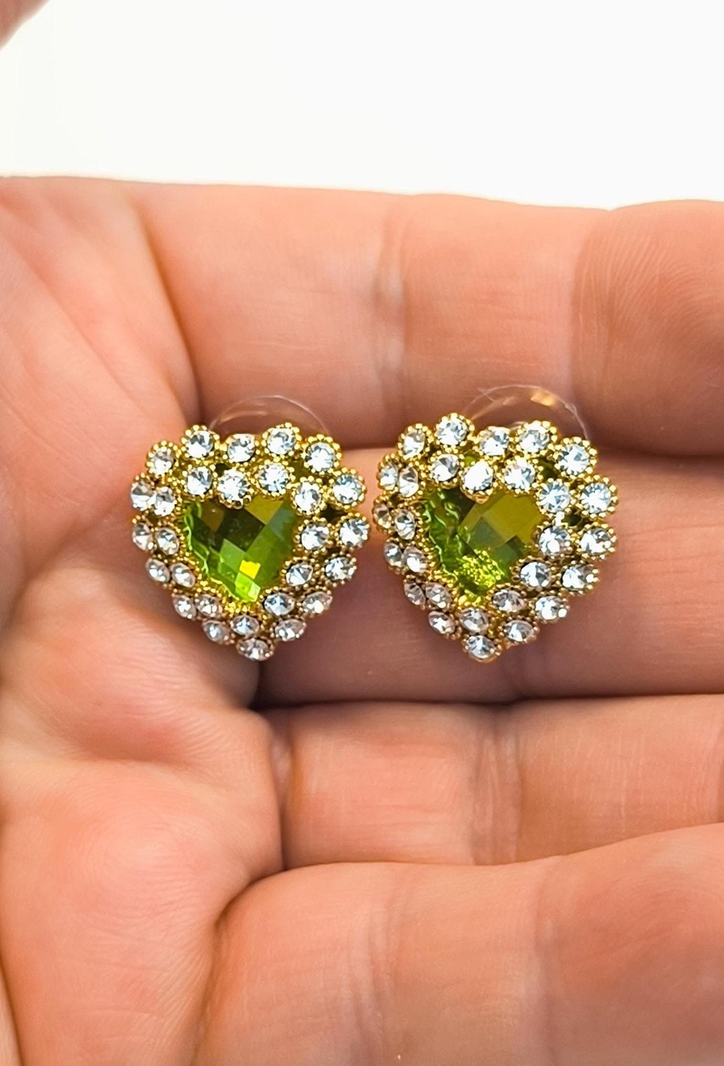 Vintage 2000s 14K Gold-Plated Stud Earrings with Green Heart-Shaped Swarovski Drop & Diamond Accents