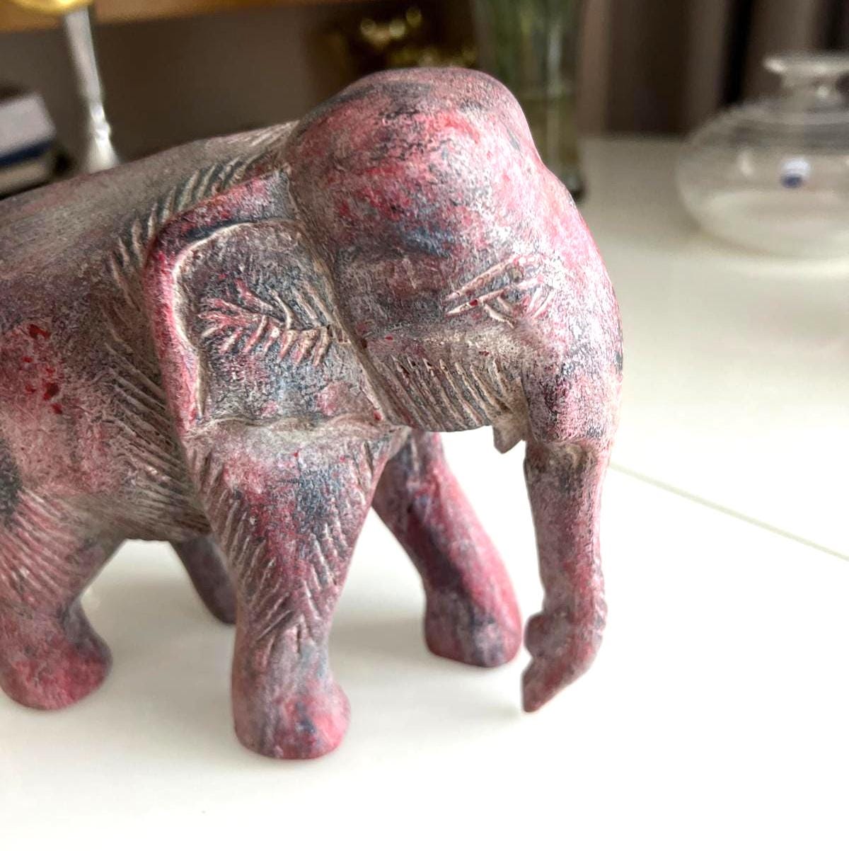 Carved Wooden Elephant Figurine Red Finish 1970s