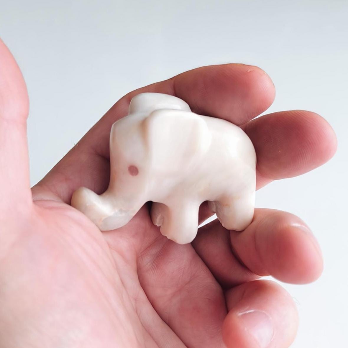 Small White Stone Elephant Statue with Red Eyes, Handmade 2000s