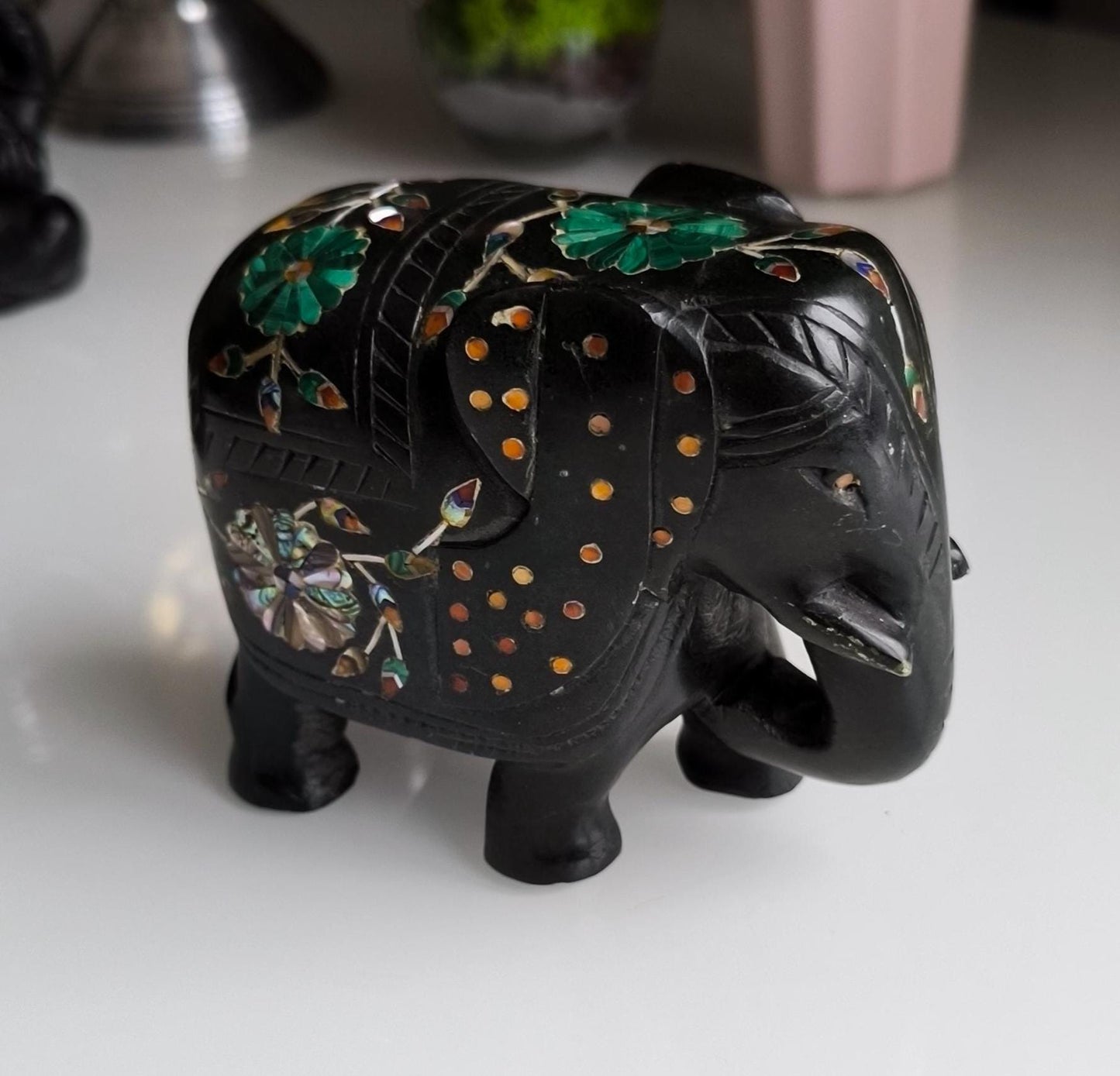 Vintage Black Painted Marble Elephant Statue, Inlaid Gemstones, Handmade 12 cm, 1980s