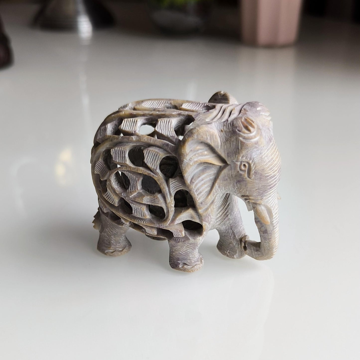 Gray Stone Elephant Statue With a Baby Elephant Inside, Handmade 1980s
