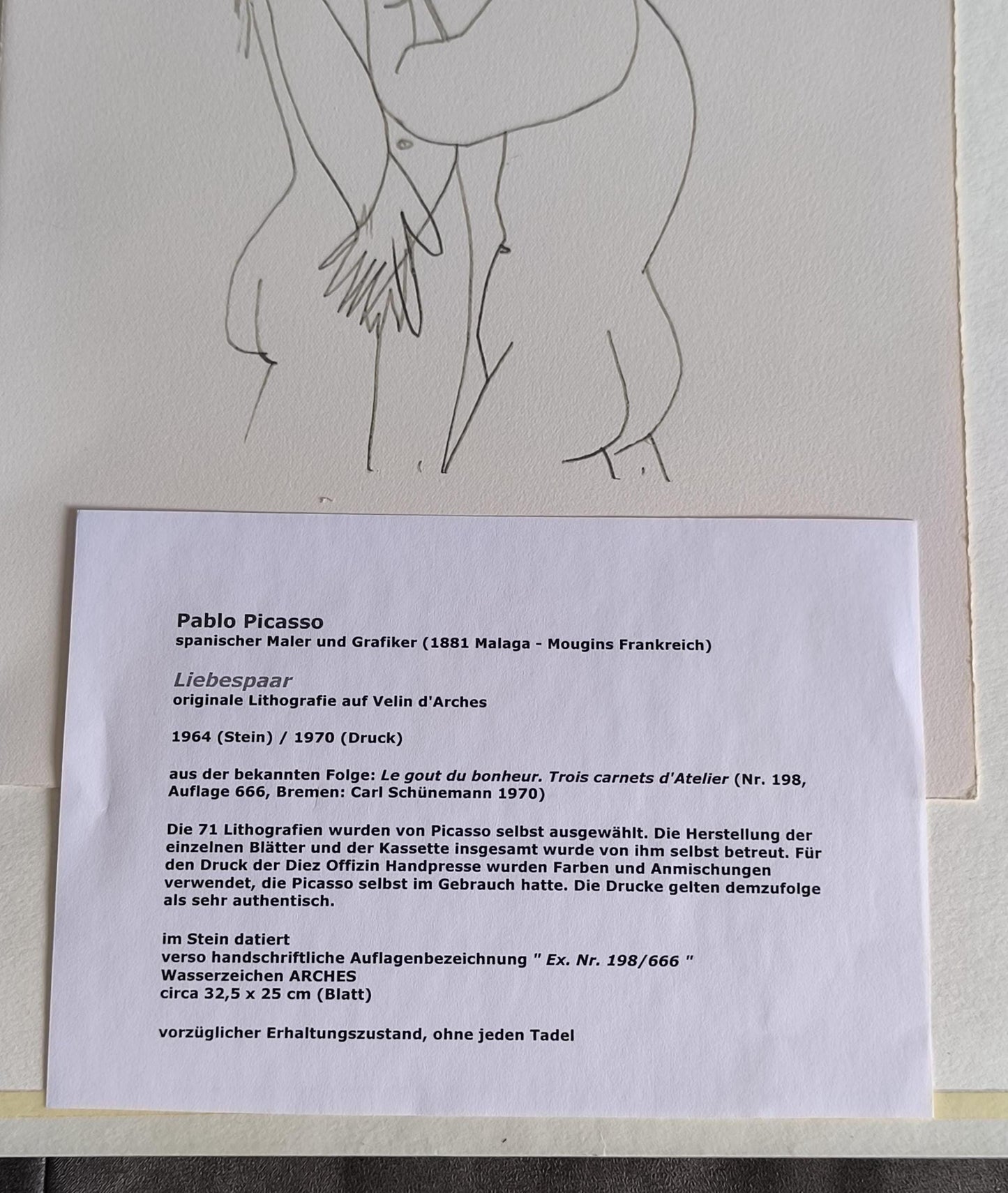 Pablo Picasso Lithograph 1 No.198/666, "Le Gout du Bonheur", Arches Paper 1964, Unframed