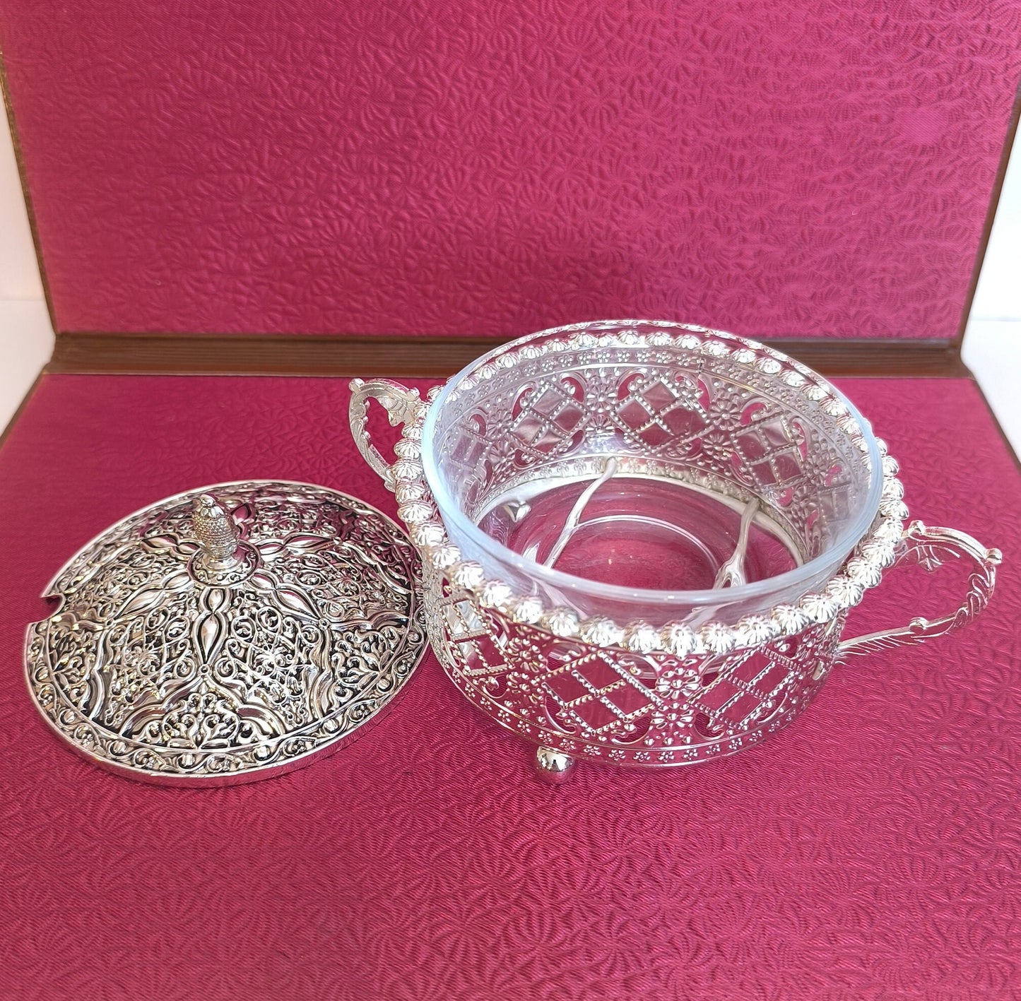 Silver Plated Sugar Bowl with Glass Insert: Asian Inspired
