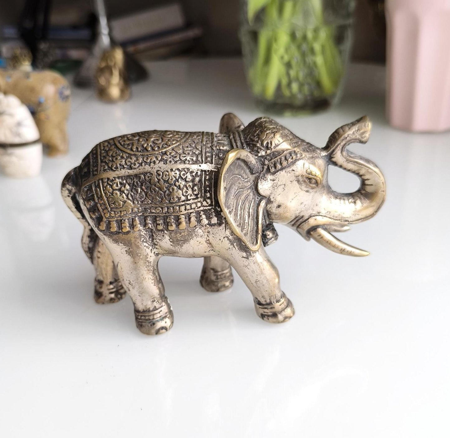 Bronze Asian Elephant Figurine with Silver Highlights, 1980s