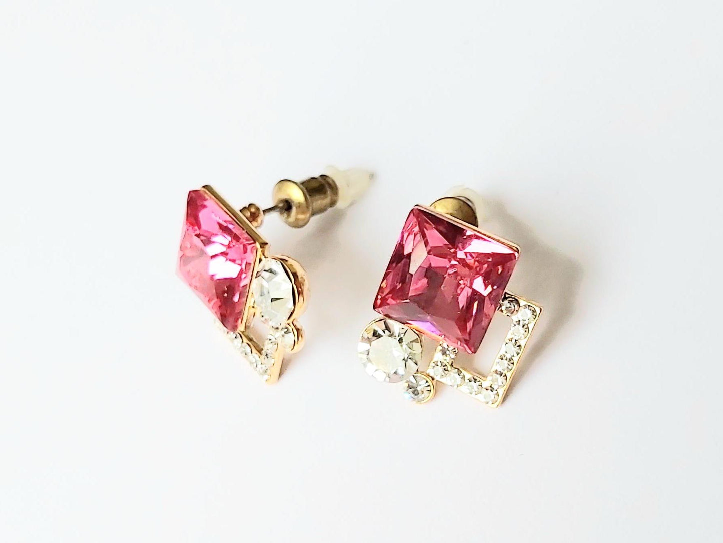 Vintage 14K Gold-Plated Stud Earrings 2000s, Ruby & Diamond Imitation Pair