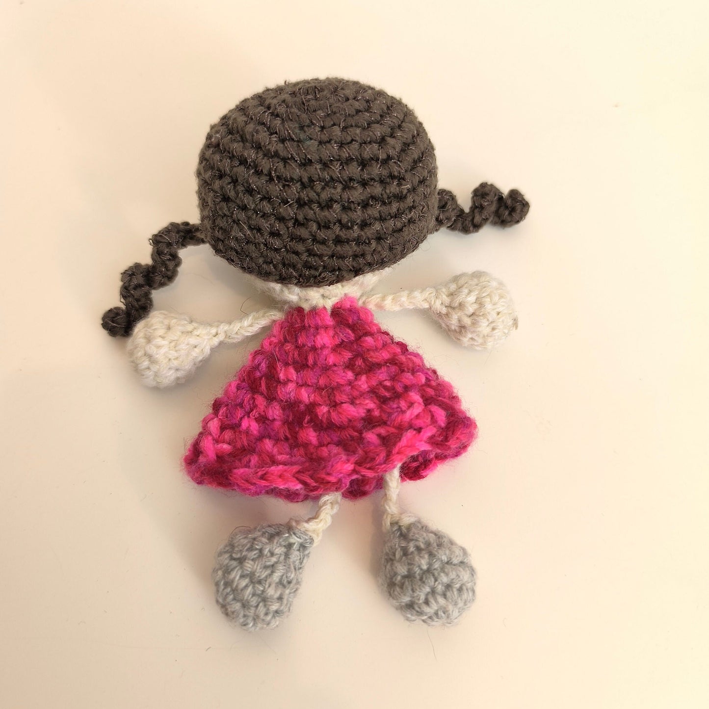 Handmade Knitted Doll, Girl with Dark Hair, Red Dress, Gray Shoes, Collectible Doll