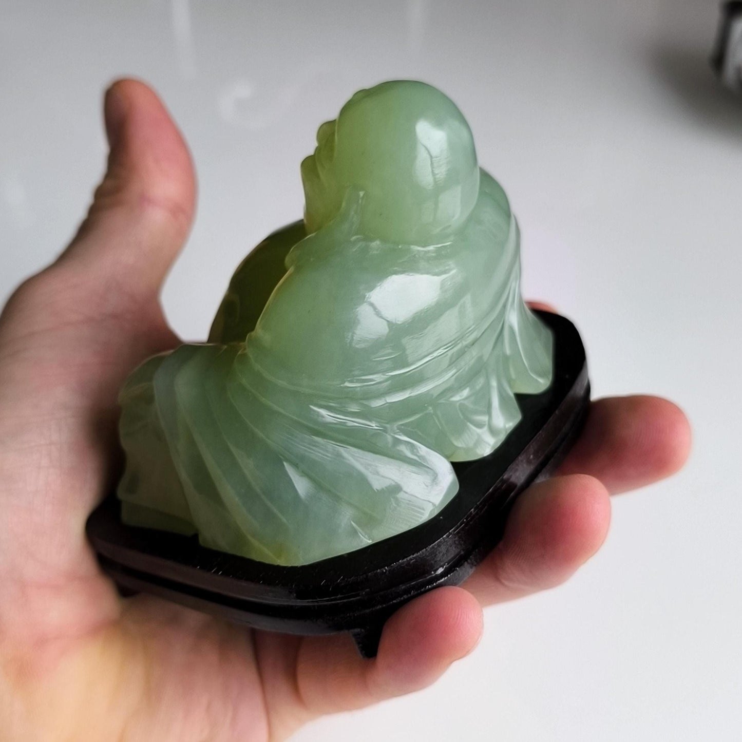 Green Nephrite Jade Carved Buddha Figure on Wooden Base, 1970