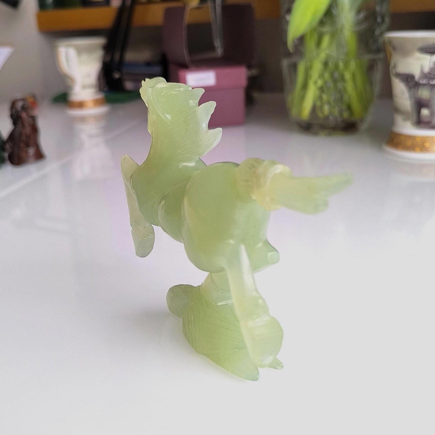 Handmade Light Green Jade Galloping Horse Statue on Bird Base, 1970