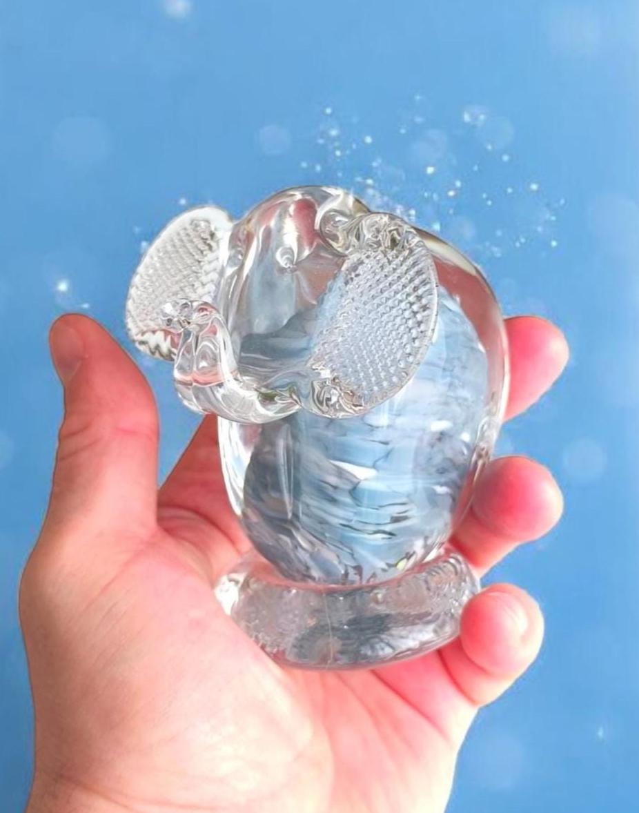 Original Murano Blue Crystal Elephant Sculpture with Raised Trunk 1980s