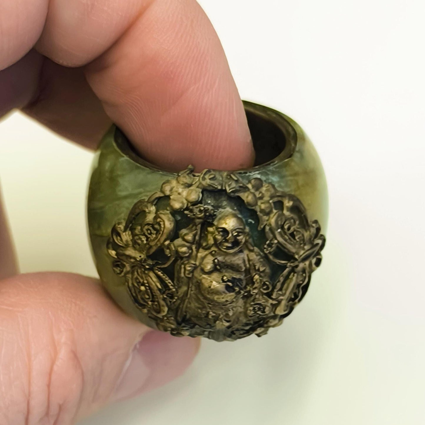 Buddha Napkin Ring, Green Stone Bronze Inlay 1970s