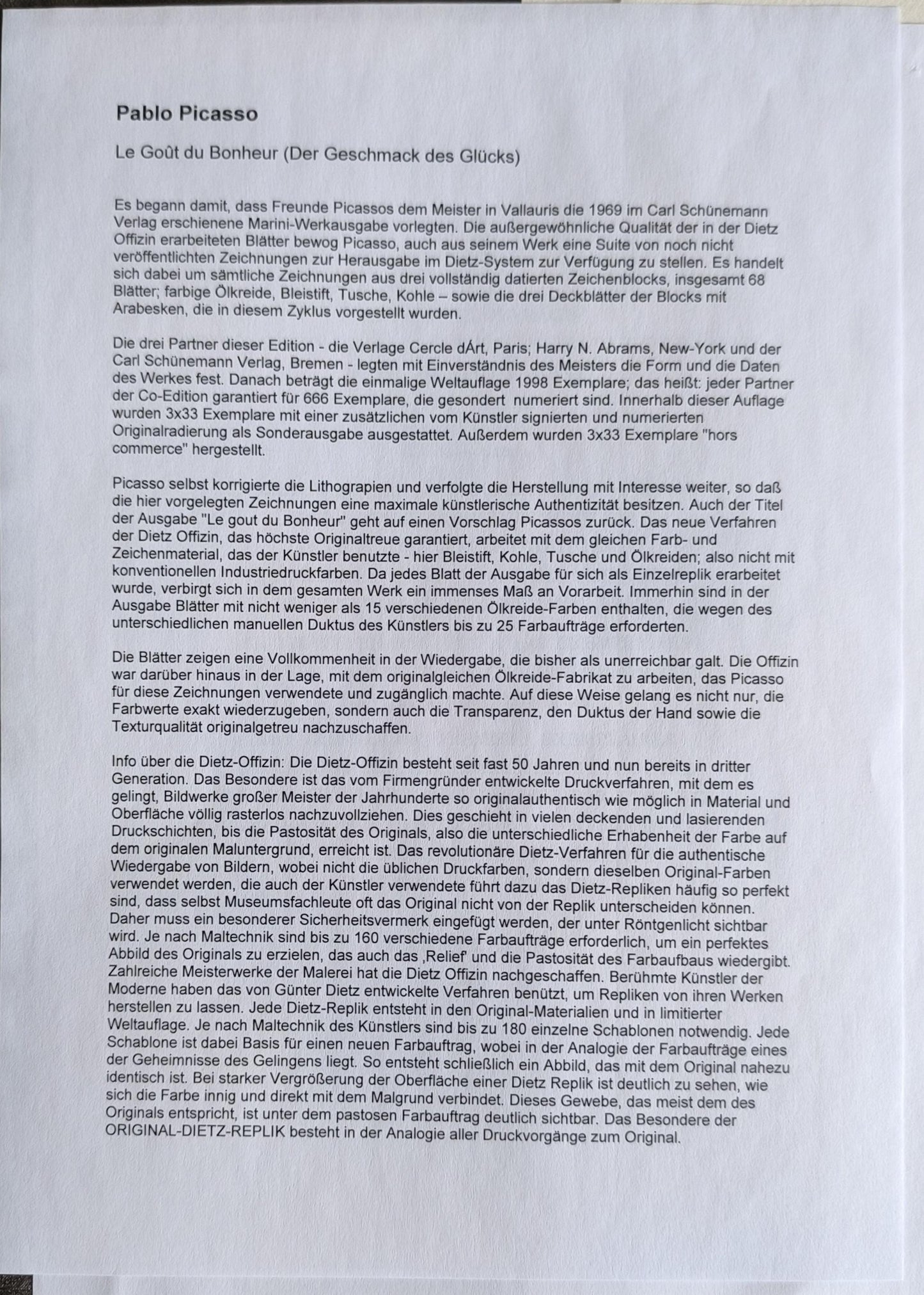 Pablo Picasso Lithograph 3 No.198/666, "Le Gout du Bonheur", Arches Paper 1964, Unframed