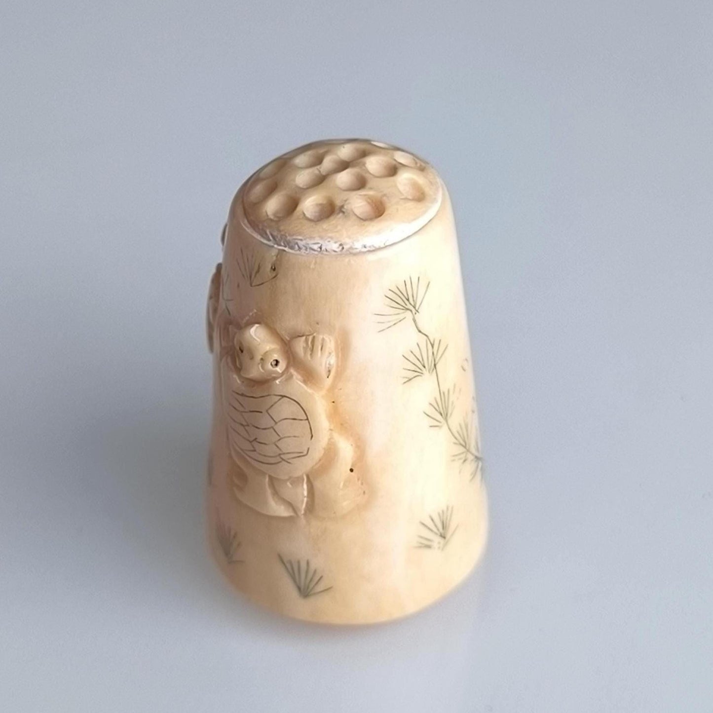 Hand Carved Stone Thimble with Turtle Figurine, 1960