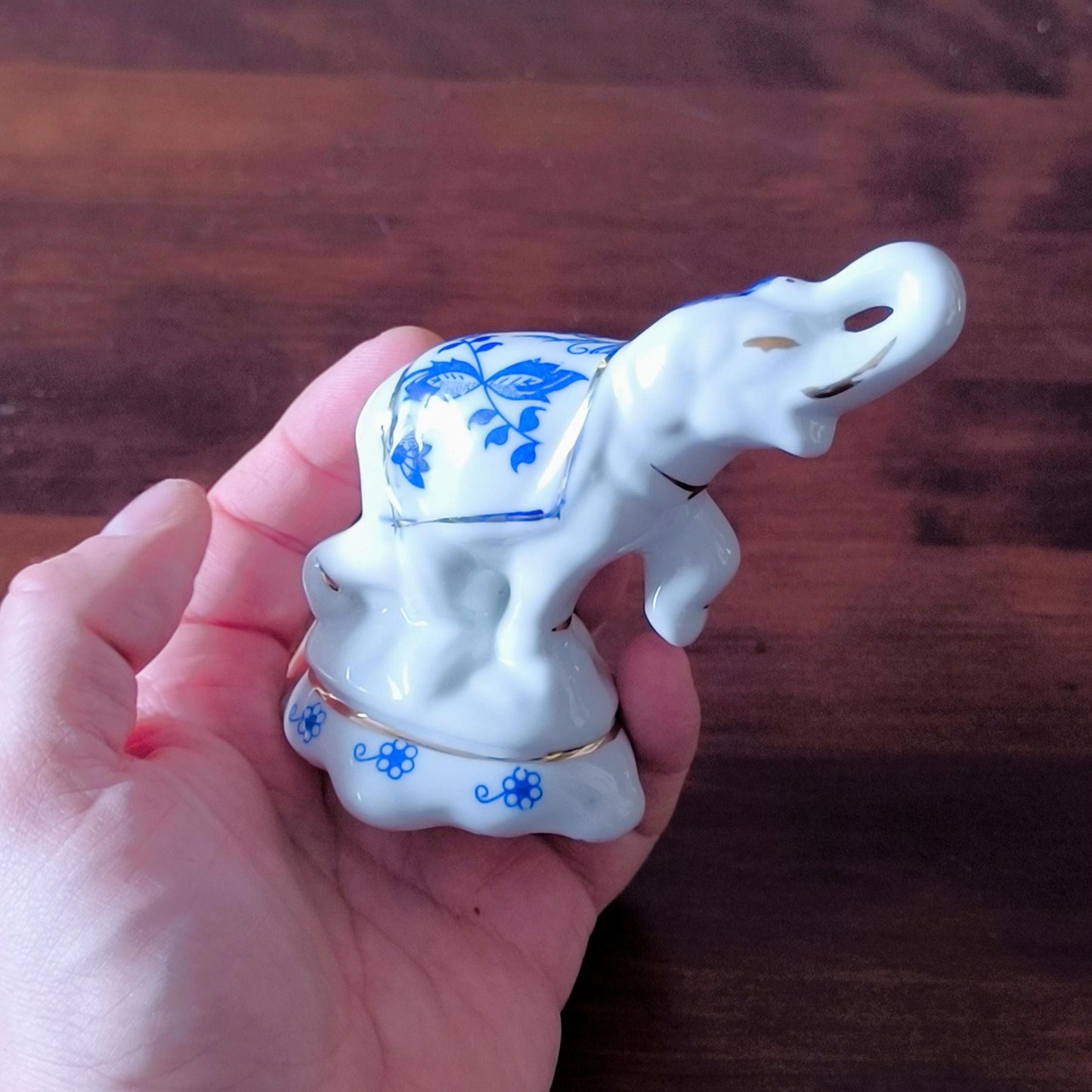 White Porcelain Elephant Figurine With Blue Flowers, Handmade 1970s