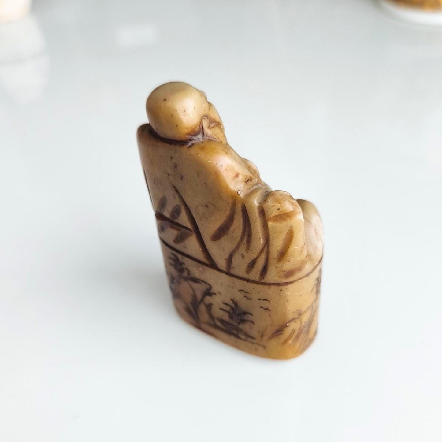 Handmade Brown Stone Sitting Budha Figure Stamp with Dragon and Phoenix, 1970