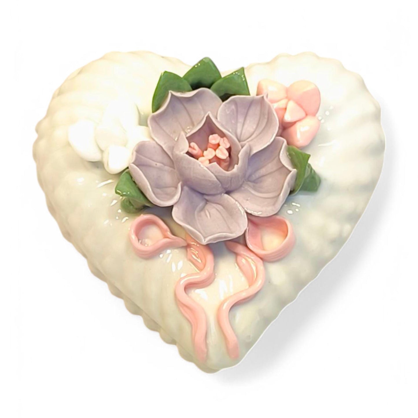 White Porcelain Heart-Shaped Trinket Jewelry Box with Flower, 1980s