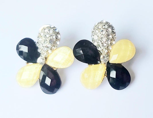 Vintage 2000s Black-Yellow-Clear 14K Gold-Plated Flower Crystal Stud Earrings