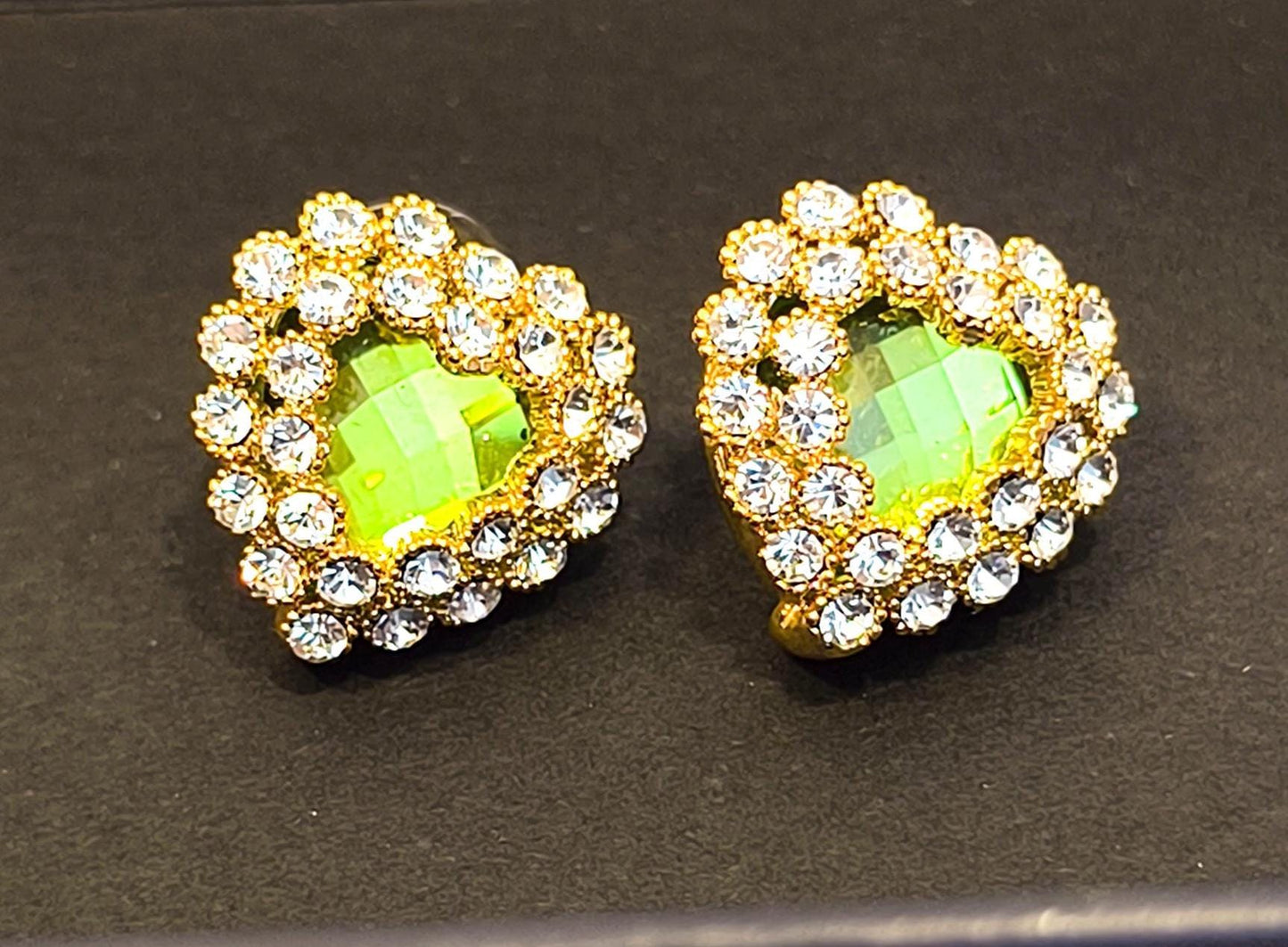 Vintage 2000s 14K Gold-Plated Stud Earrings with Green Heart-Shaped Swarovski Drop & Diamond Accents