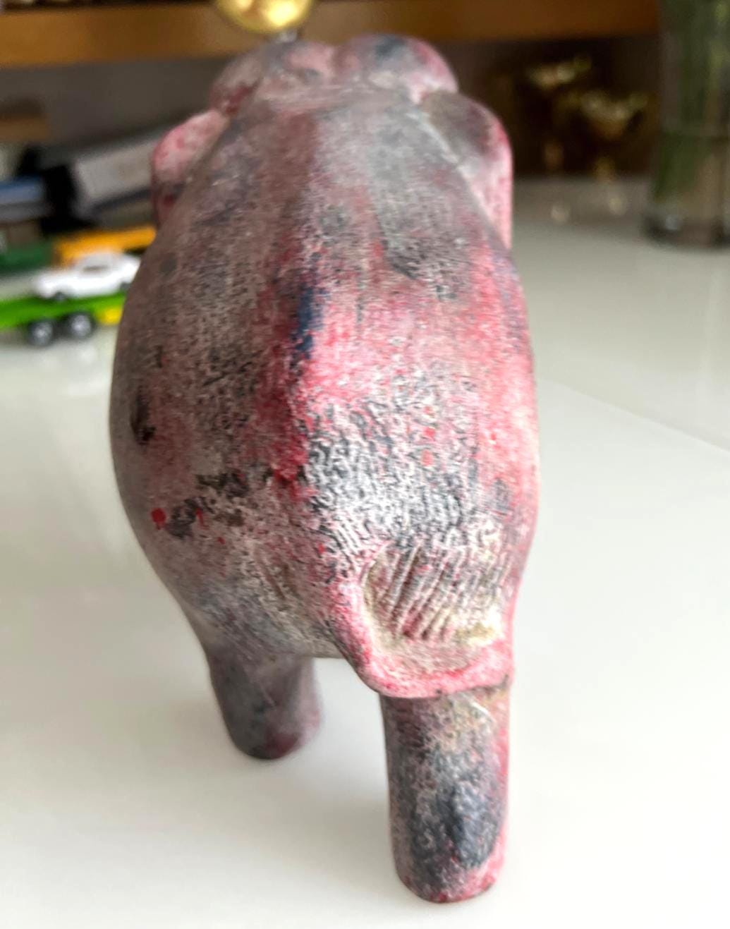 Carved Wooden Elephant Figurine Red Finish 1970s