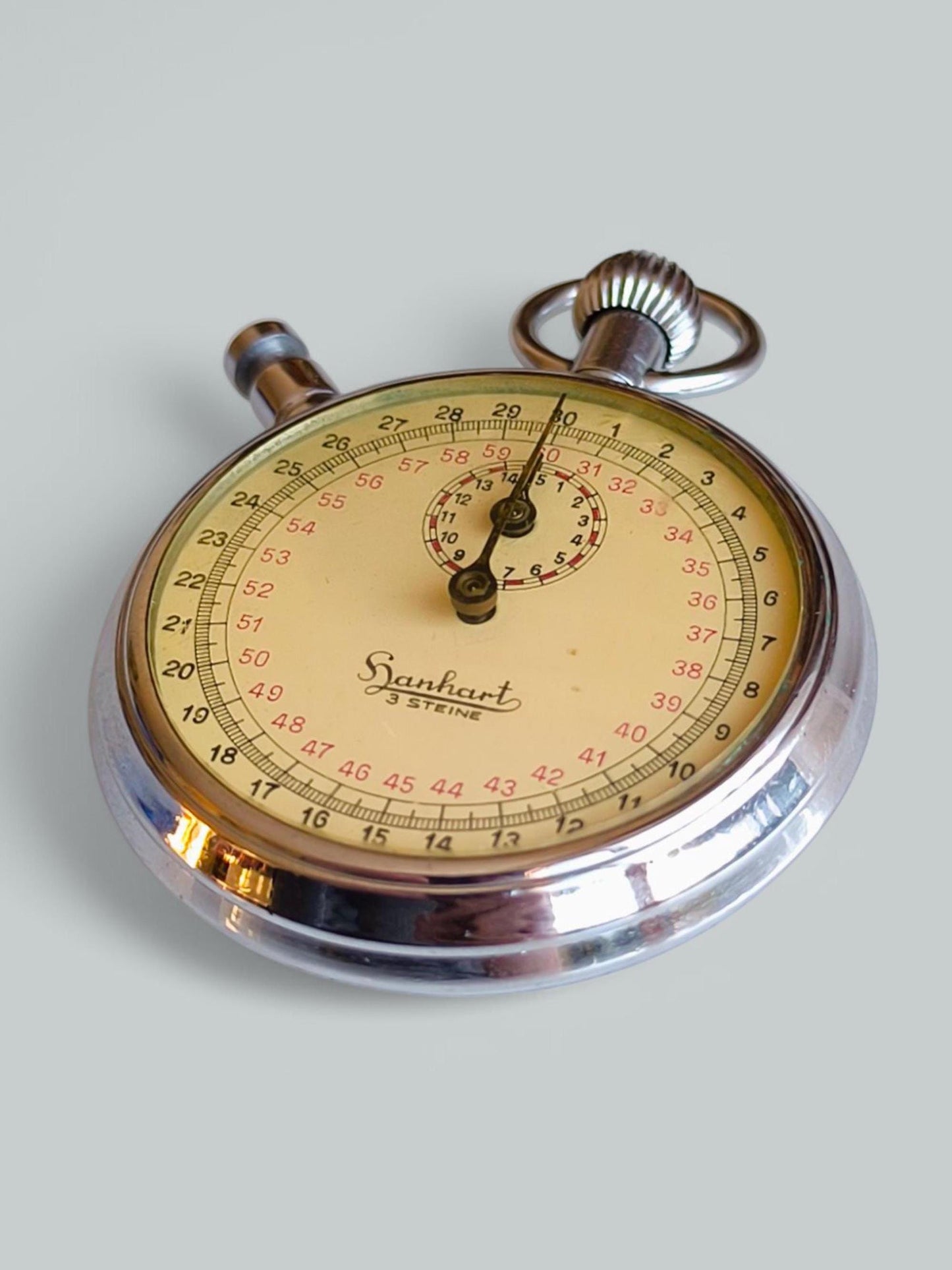 Vintage Hanhart Sports Stopwatch, Manual Winding, Chromed Metal, Germany 1950s