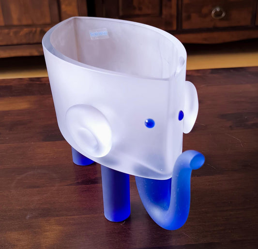 Borowski Sculptural Glass Elephant Bowl, Frosted & Blue, Collectible Art, 2000s