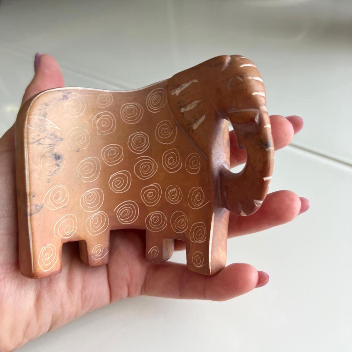 Brown Stone Elephant Carved Figurine Handcrafted 1980s
