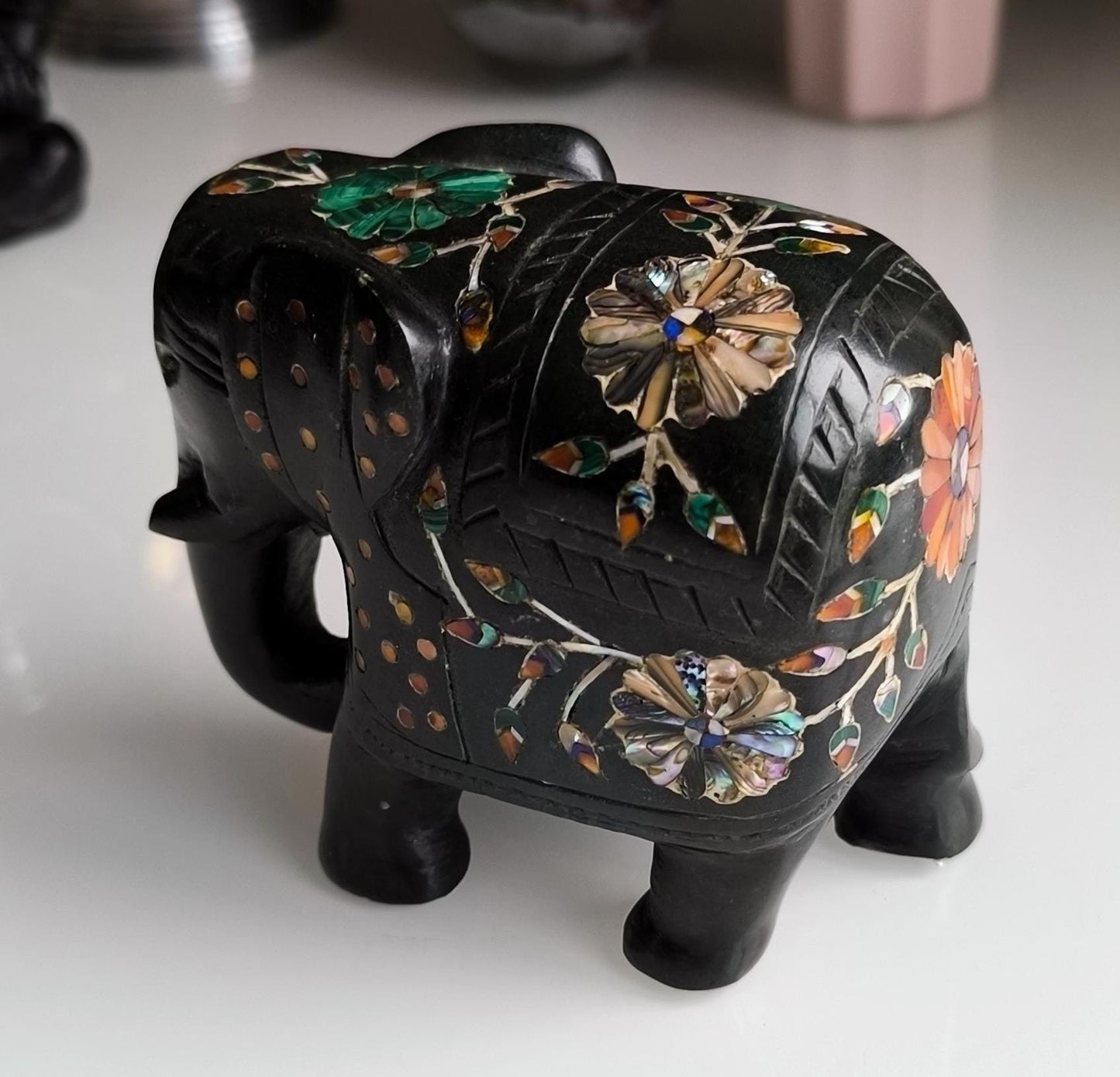 Vintage Black Painted Marble Elephant Statue, Inlaid Gemstones, Handmade 12 cm, 1980s