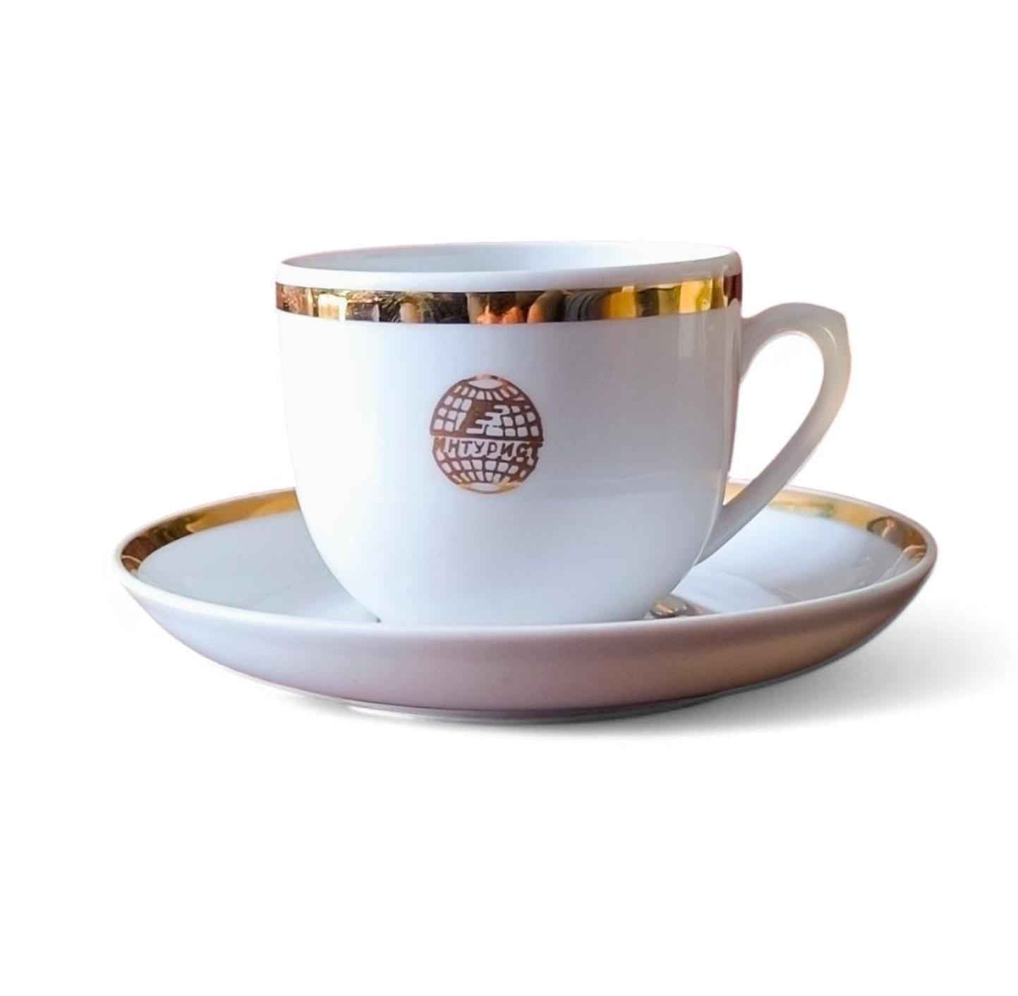 Vintage Dulevo Porcelain Cup & Saucer, Intourist USSR, Gold Trim, 1990s