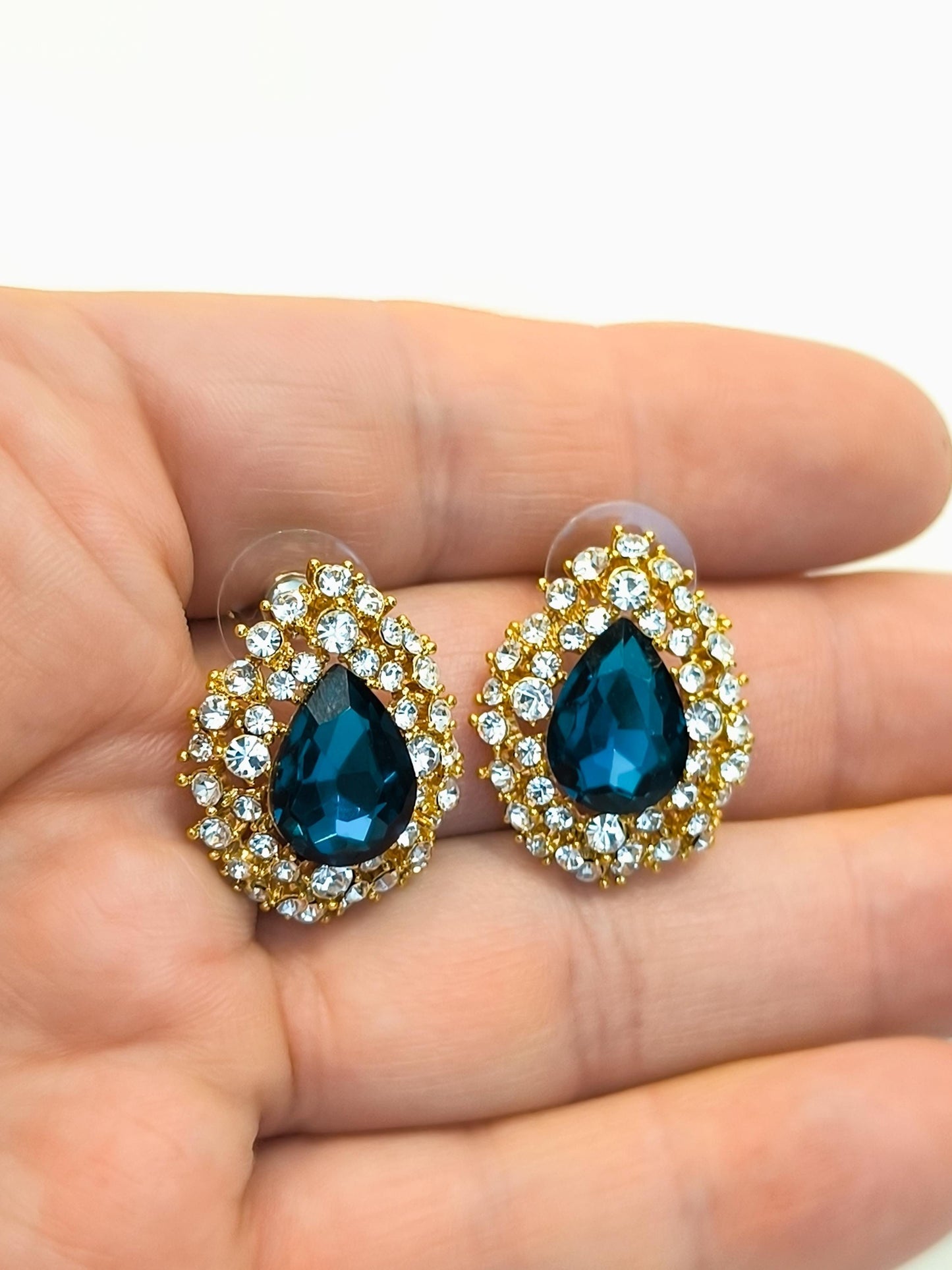 Vintage 2000s 14K Gold-Plated Stud Earrings with Blue Drop Swarovski Crystal & Diamond Accents
