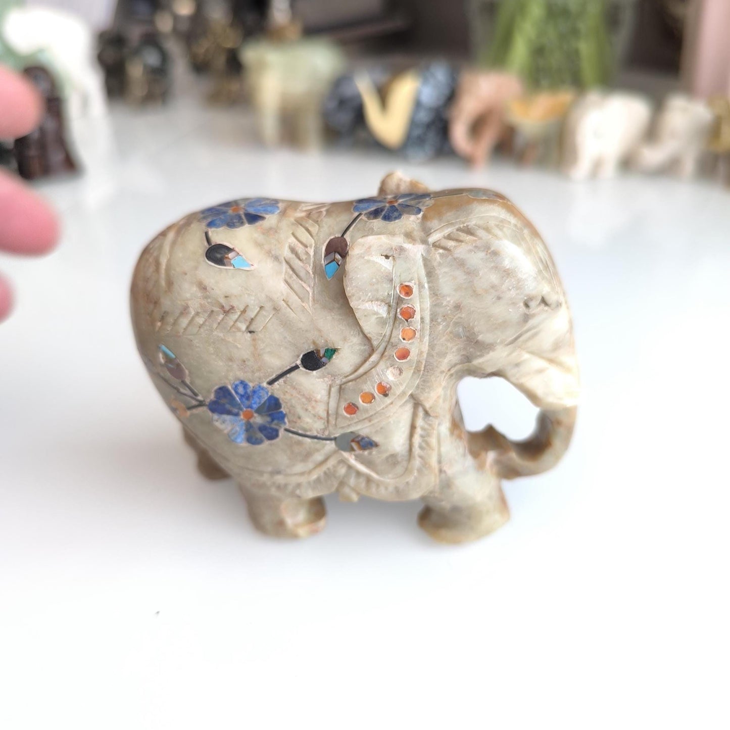 Hand-Carved Asian Elephant Statue with Inlaid Colored Stones, 1980s