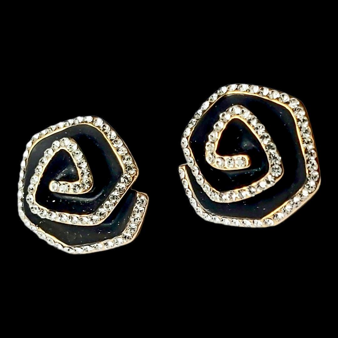 Vintage 2000s Black & 14K Gold-Plated Flower Crystal Stud Earrings