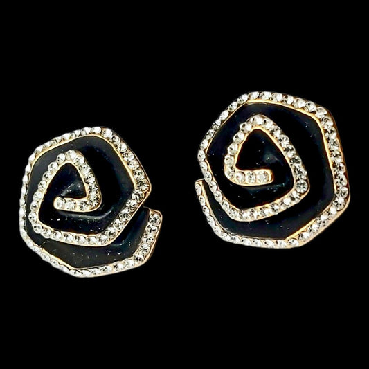 Vintage 2000s Black & 14K Gold-Plated Flower Crystal Stud Earrings