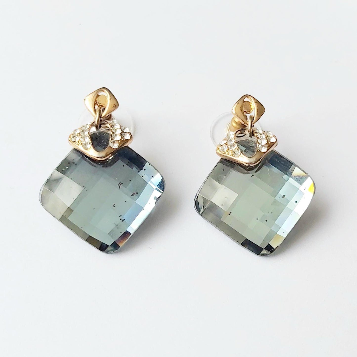 Blue Swarovski Crystal & Diamond Imitation 14K Gold-Plated Vintage Stud Earrings 2000s,