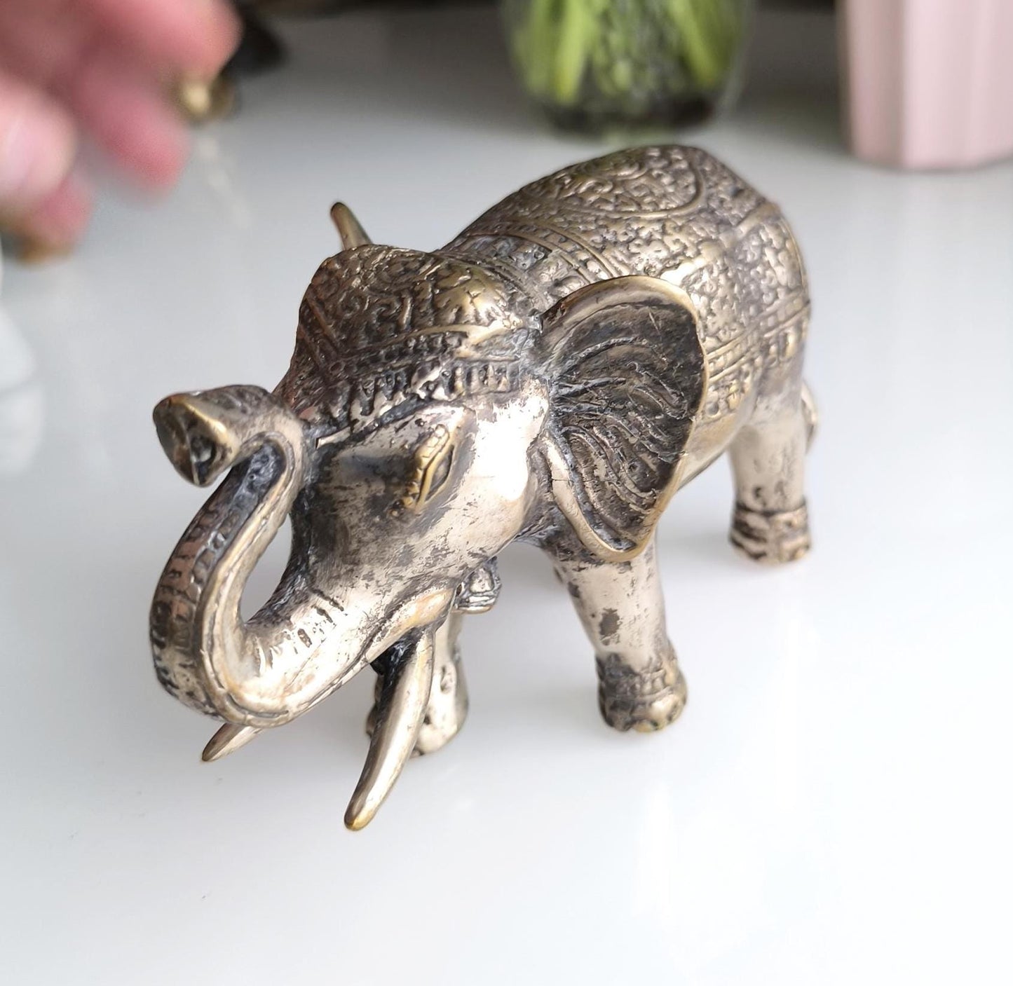 Bronze Asian Elephant Figurine with Silver Highlights, 1980s