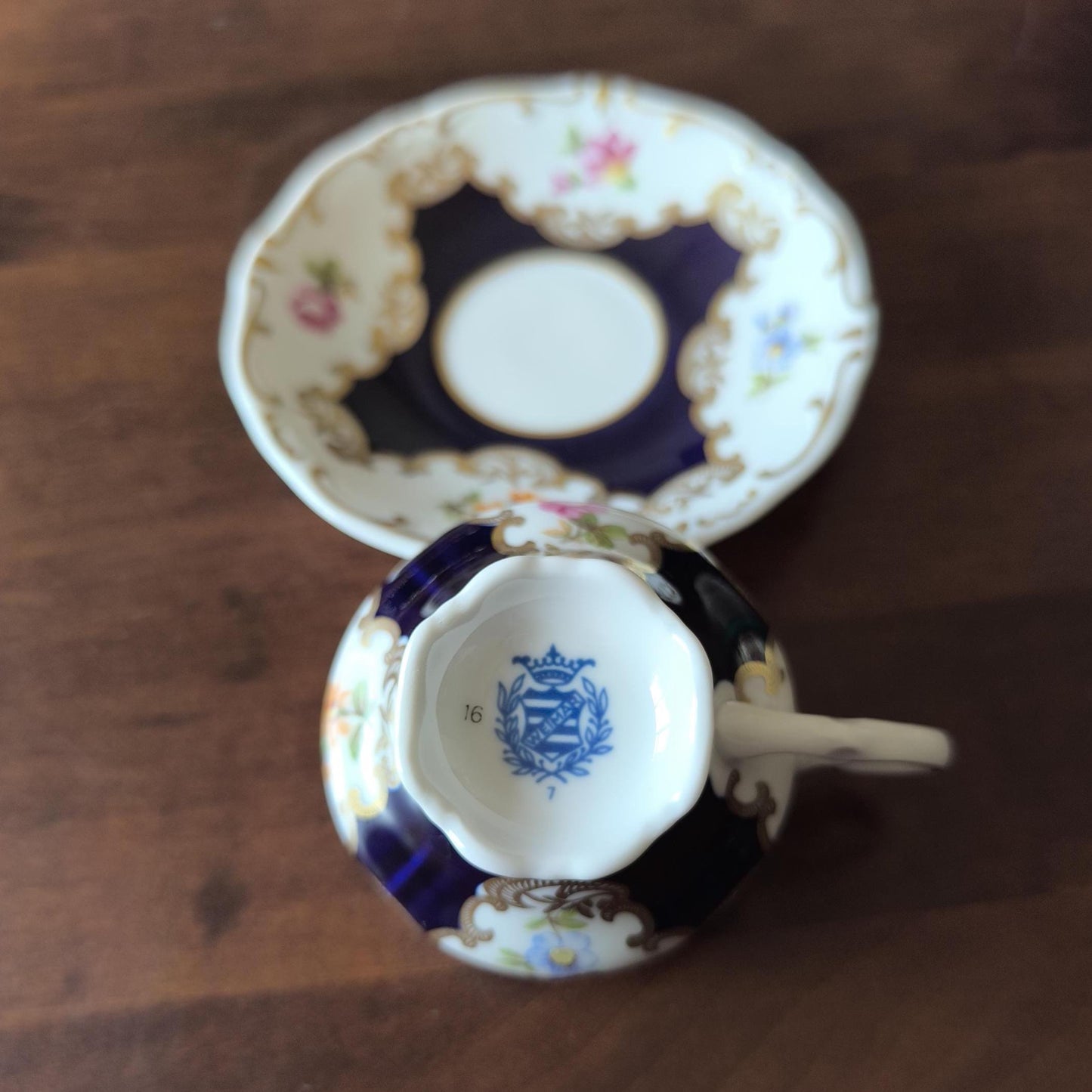 Weimar Porcelain Mocha Collector's Cup & Saucer – Hand Painted, Cobalt Blue, Gold Trim, 1970s