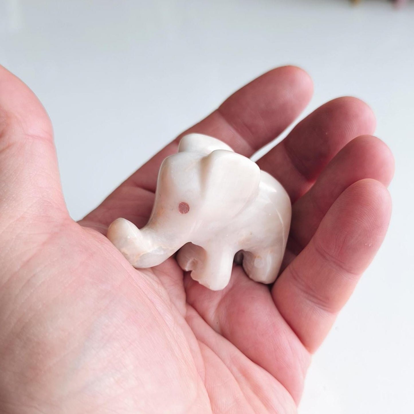 Small White Stone Elephant Statue with Red Eyes, Handmade 2000s